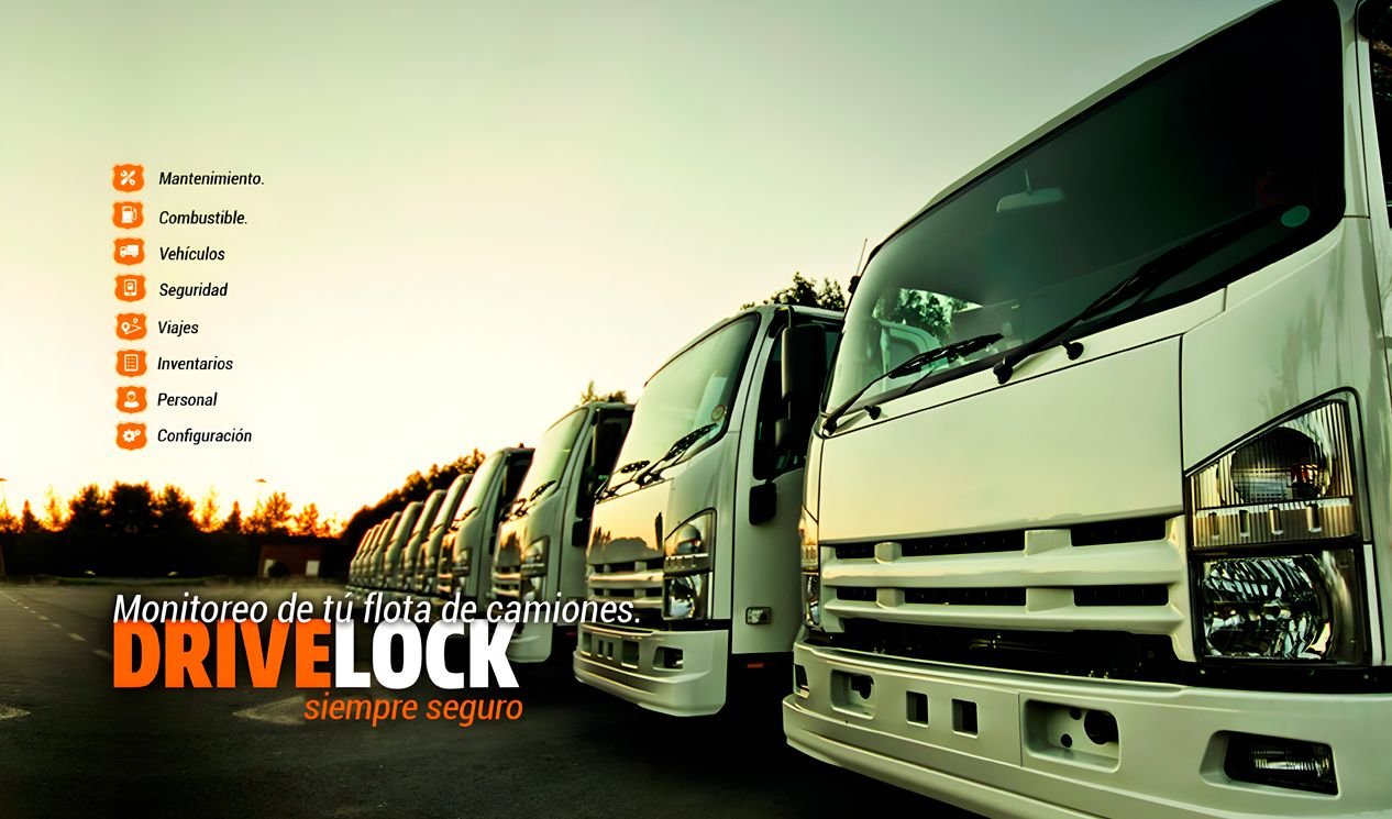 Flota de camiones Drivelock al atardecer, monitoreo de flota empresarial