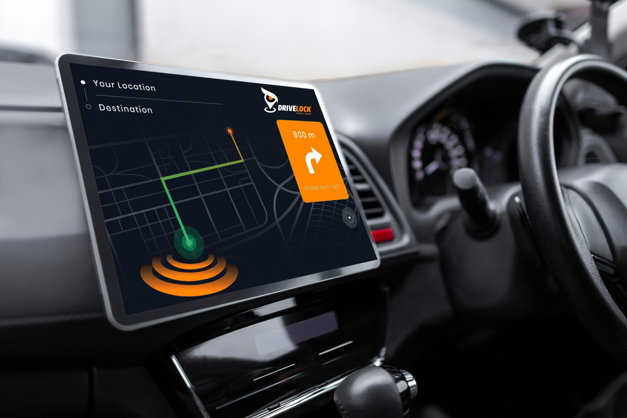 Pantalla del vehículo con la app Drivelock mostrando ruta GPS en tiempo real